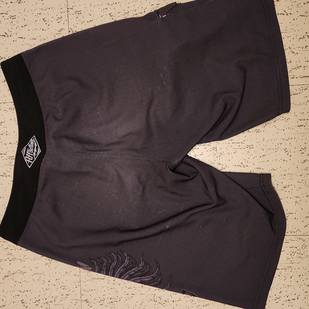 Affliction Embroidered Spell Out Logo Full Graphic Shorts Grey And Black - Picture 8 of 16